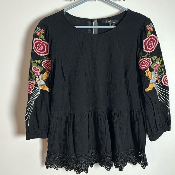 Caleooa Tops - Caleooa Embroidered Floral and Bird Peplum Top size M